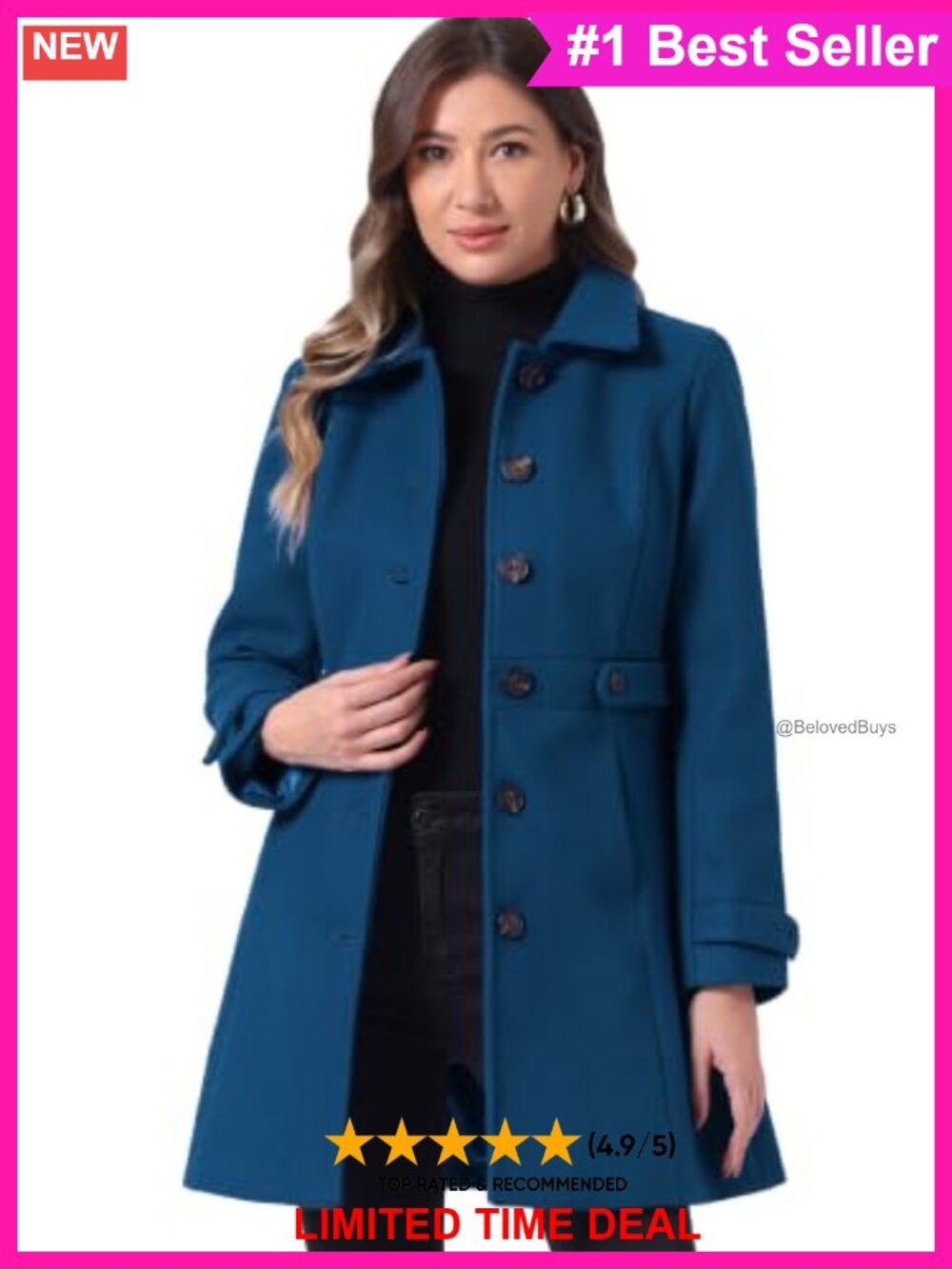 Women's Classic Peacoat Single Breasted Belted Winter Overcoat Pockets